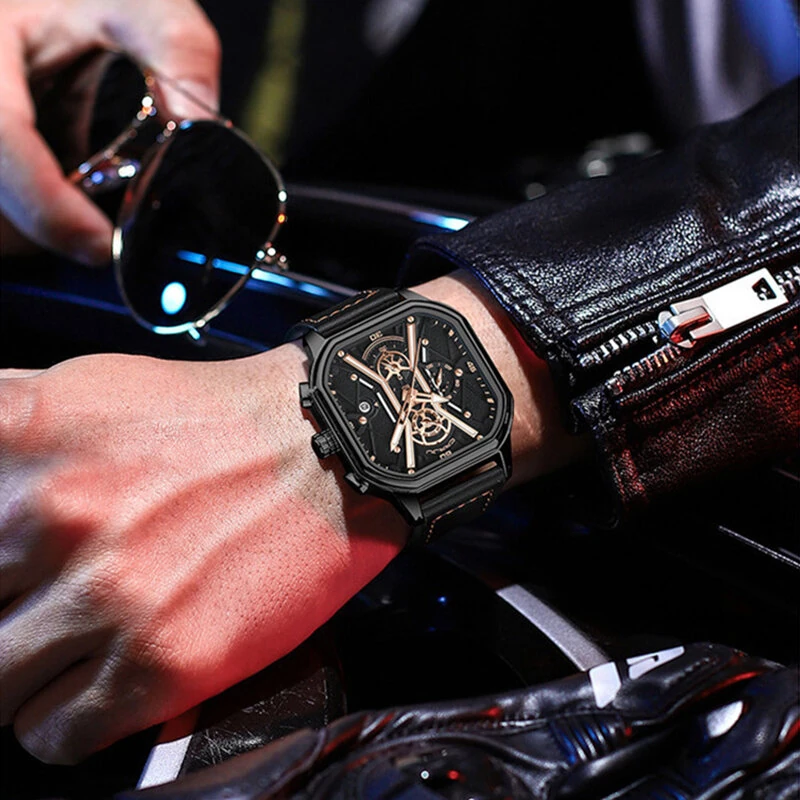 (image for) CRRJU Fashion Square Men's Watches Bussiness Quartz Watch Luxury Leather Wristwatch Waterproof Chronograph Sports Watch
