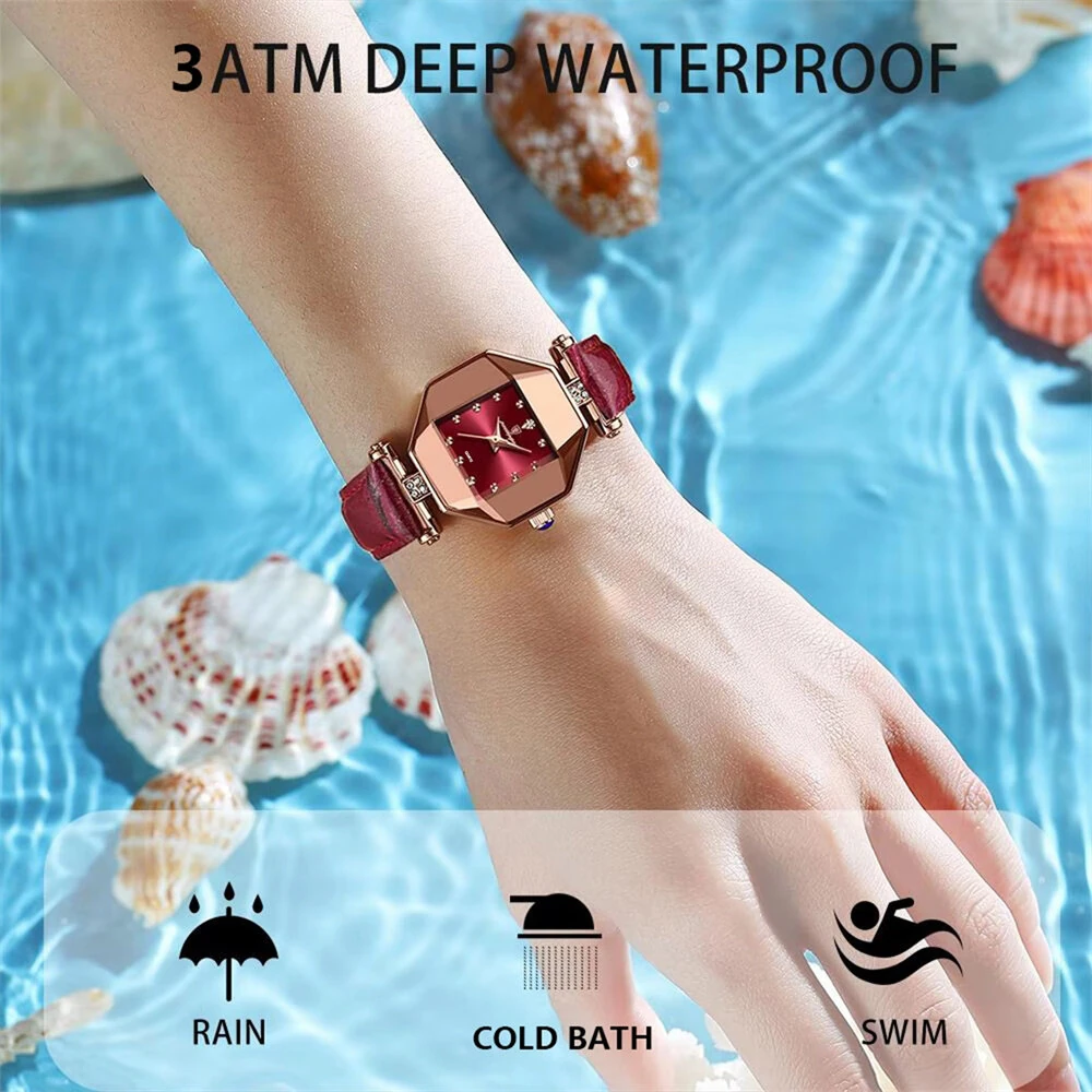 (image for) POEDAGAR Women Watches Fashion Luxury Rhinestones Quartz Watch Polygon Pointer Waterproof Ladies Leather Wristwatch